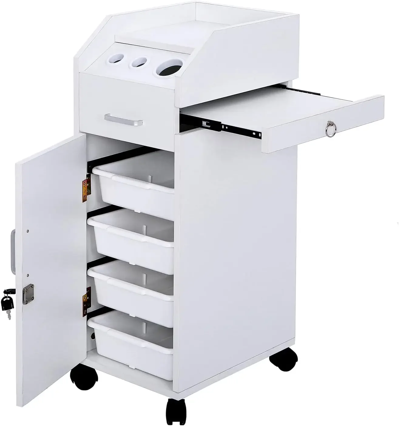 Hair Salon Storage Cart with Wheels  3 Hair Dryer Holders  4 Drawers  Lock  2 Keys, Hairdressing Tools Station Mobile Makeup