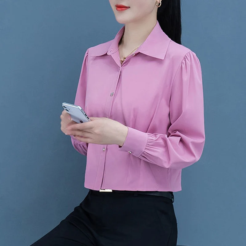 Elegant Korean Fashion Office Lady Business Casual Button Up Shirts Simple Solid Slim Long Sleeve Tops Blouses for Women Clothes