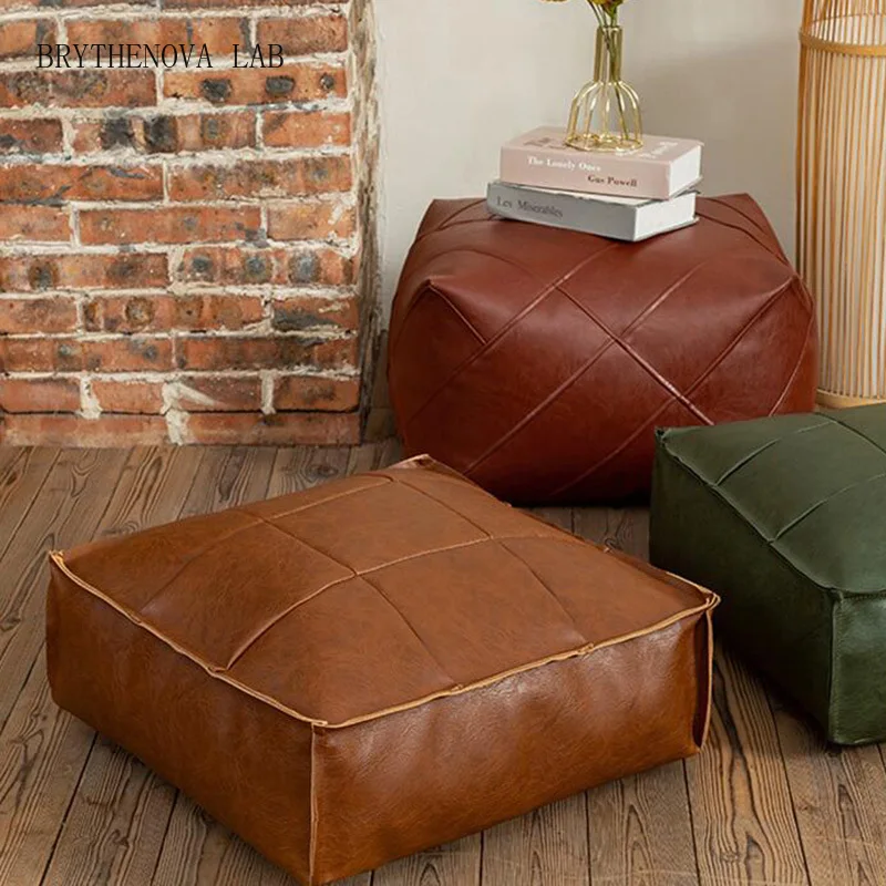 Moroccan PU Leather Floor Futon Oil Wax Skin Embroider Ottoman Craft Cover Artificial Leather Unstuffed Cushion no Fillings