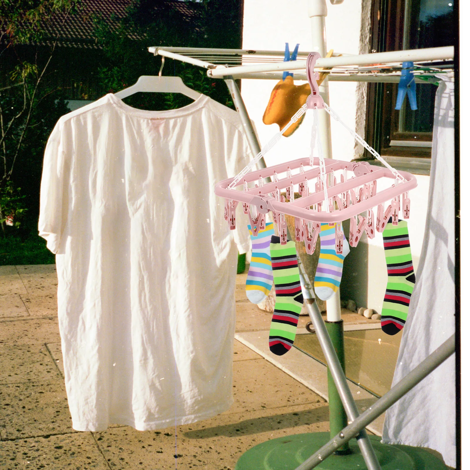 

Plastic Clip Drying Rack Foldable Anti-Uv Strong Steel Spring 360 Rotating Lock Hook Bathroom Outdoor Laundry Sock