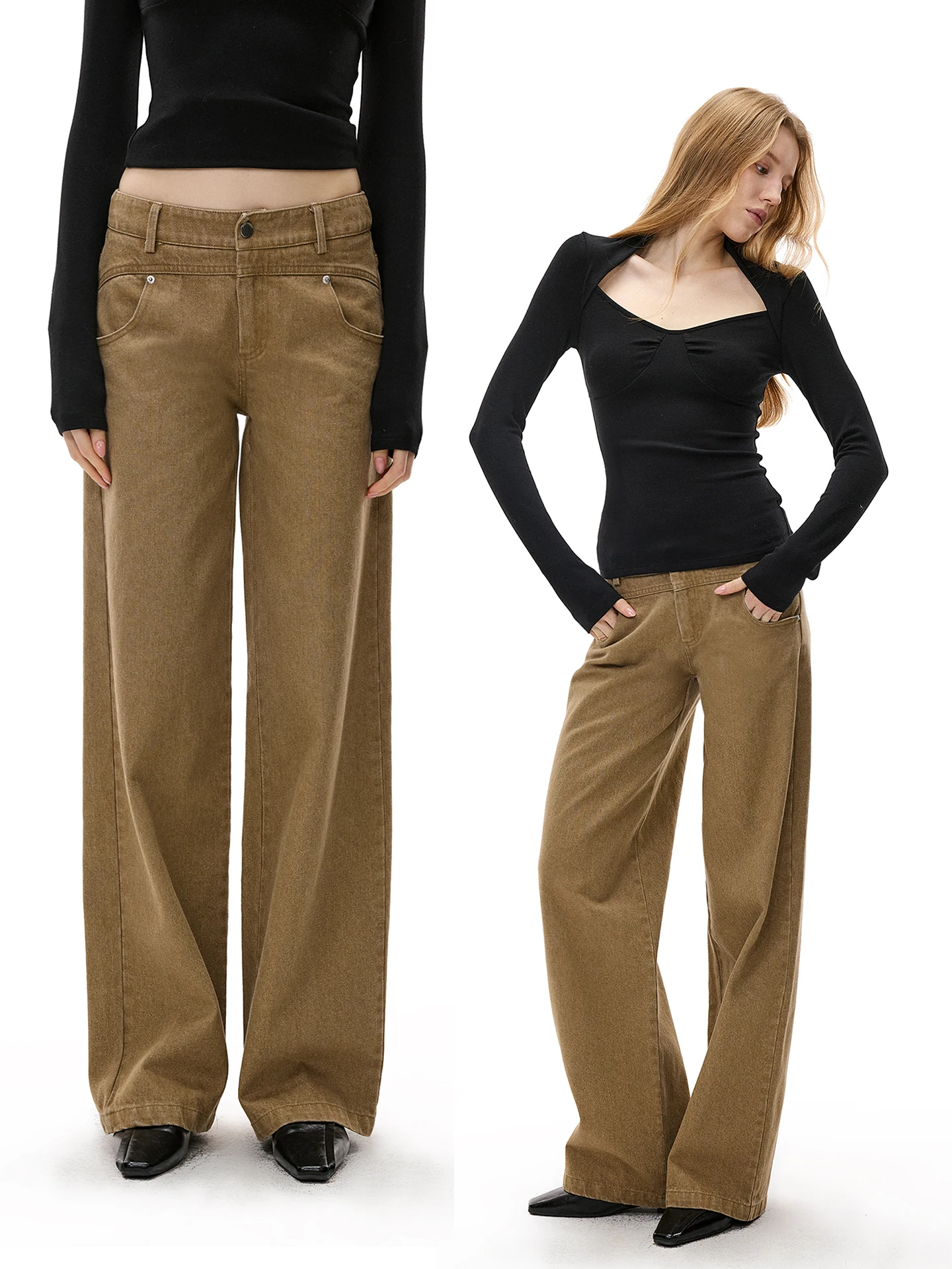 

Casual Khaki Cotton Women's Jeans Mid-Low Waist Straight Leg Slimming Long Trousers Workwear Pants Monroo Waed Denim