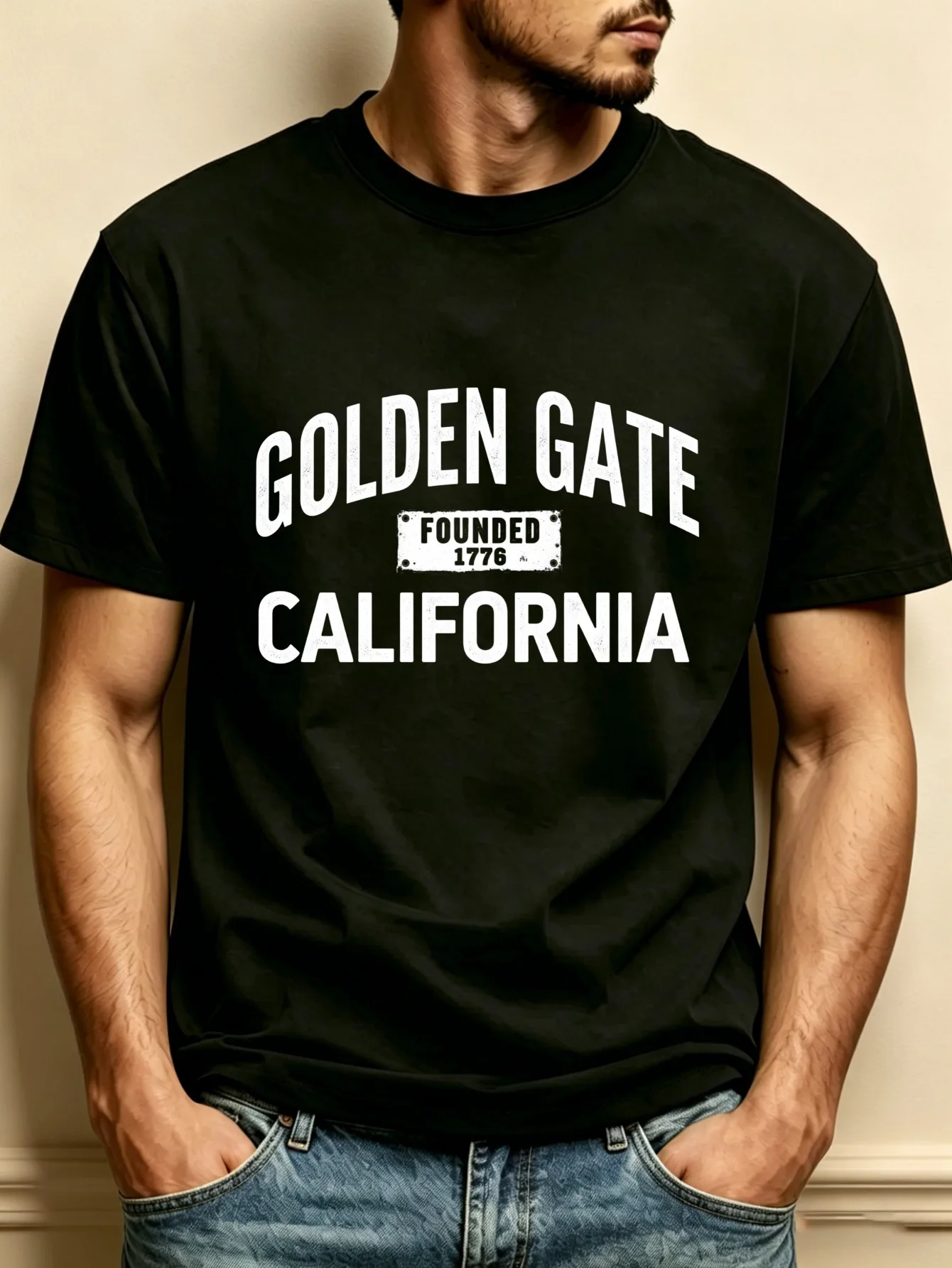 Golden Gate California Retro Logo Men's Crew Neck T-Shirt, Loose Fit, Pure and Stylish, Versatile, Soft and Comfortable Fabric, Suitable for Daily Wear and Holiday Gifts, Golden Gate California Theme, Ideal for Spring and Summer, Perfect Gift to Celebrate Independence Day and American Traditions, Gift for Male Friends, Family, and Loved Ones