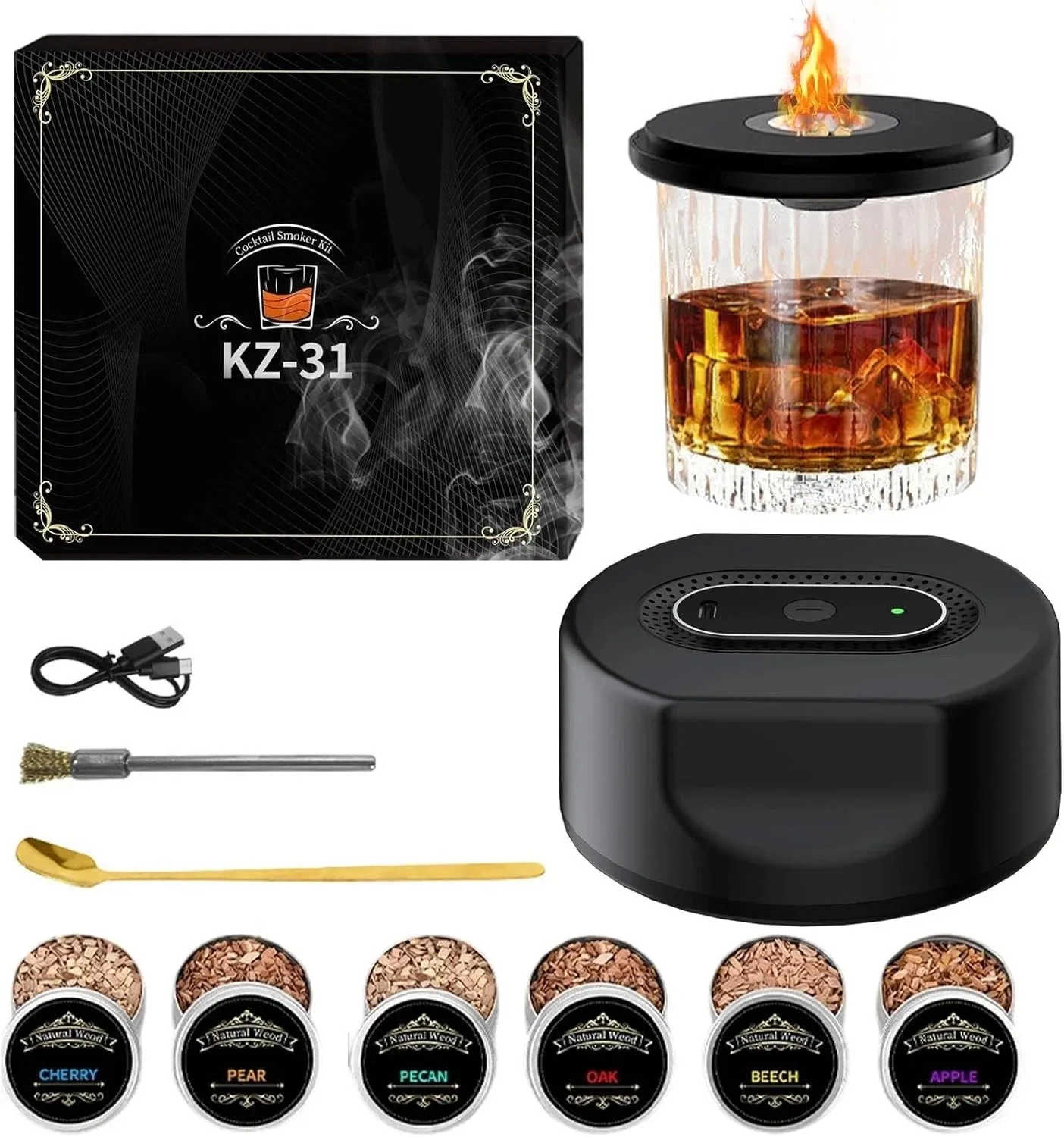 Kit Eléctrico Recargable para Ahumar Whisky - 6 Sabores de Virutas de Madera Natural, Encendedor Integrado, Regalos de Cumpleaños de Whisky Bourbon para Hombres