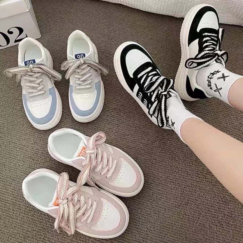 Platform Sneakers Women Fashion White Tennis Student Shoes Mixed Color Shoelaces Breathable Casual Vulcanized Shoes for Women