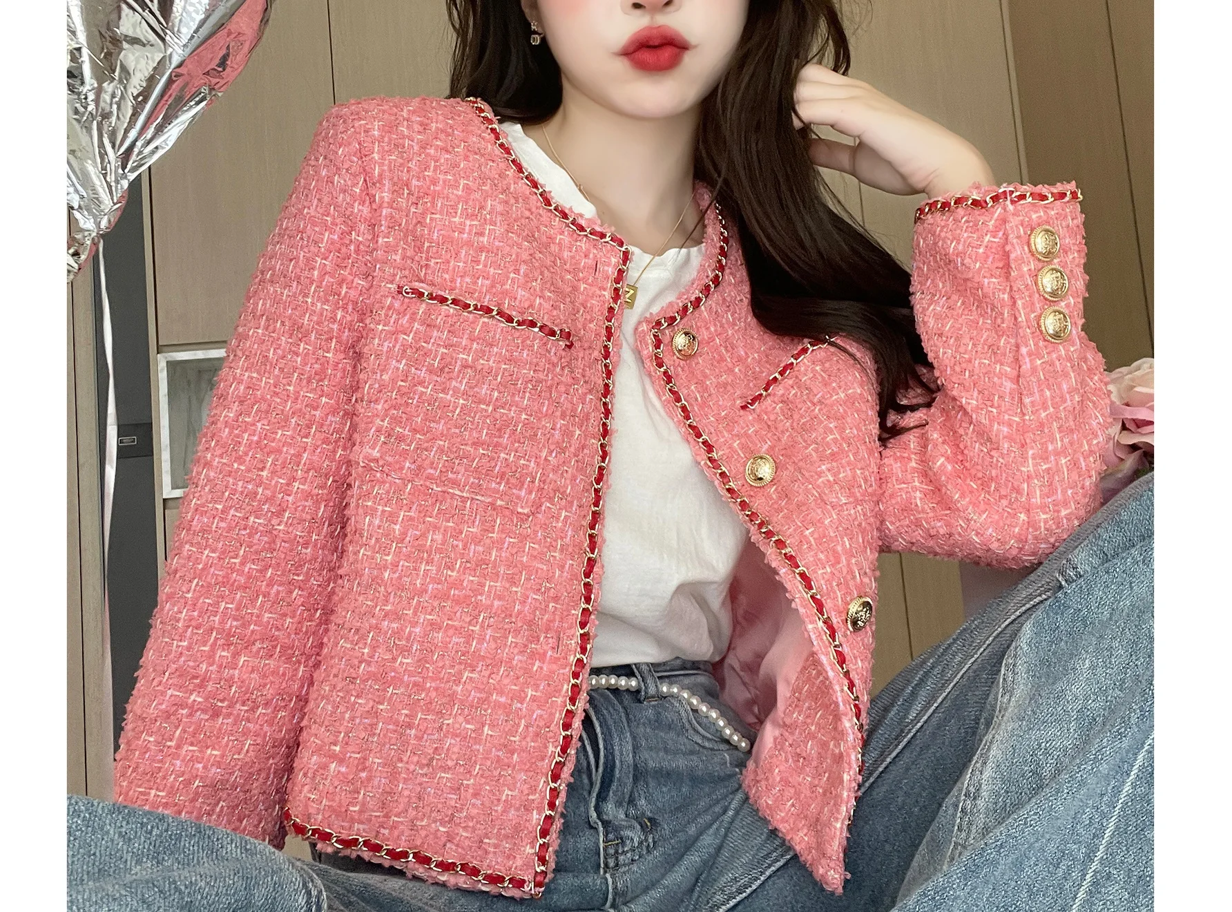 

2023 Spring and Autumn New Coat Small Suit Women's Pink Salt Style Wear Light Mature Small Fragrant Coat