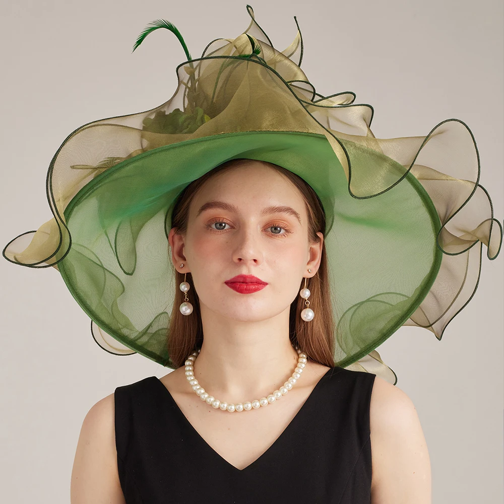 FS Luxury Brand Church Hat For Women Wide Brim Kentucky Derby Cap With Flower Red Green Organza Fascinator Hats Chapeau Femme