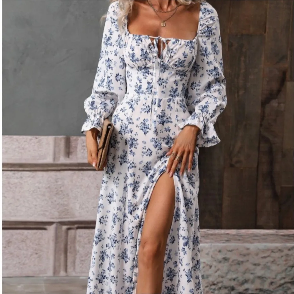 女性のためのドレス エレガントなベスティドス スリムプリント セクシーなイブニングドレス 長袖 バックレス ボヘミアン バケーション レースアップ 気質