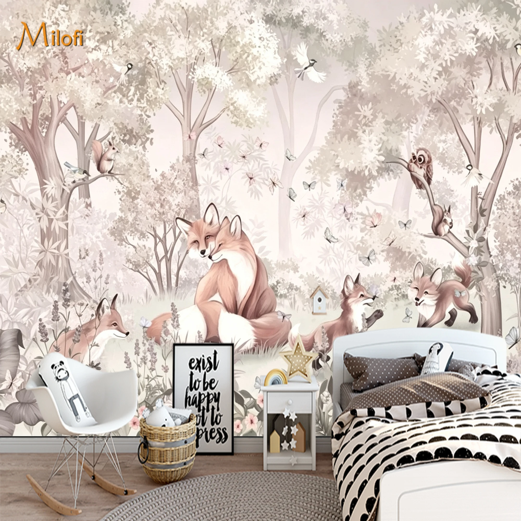 Custom Mural Wallpaper Watercolor Fox Family Forest Wall Mural, Squirrel Bird Butterfly Tree Wall Decor for Kids Nursery