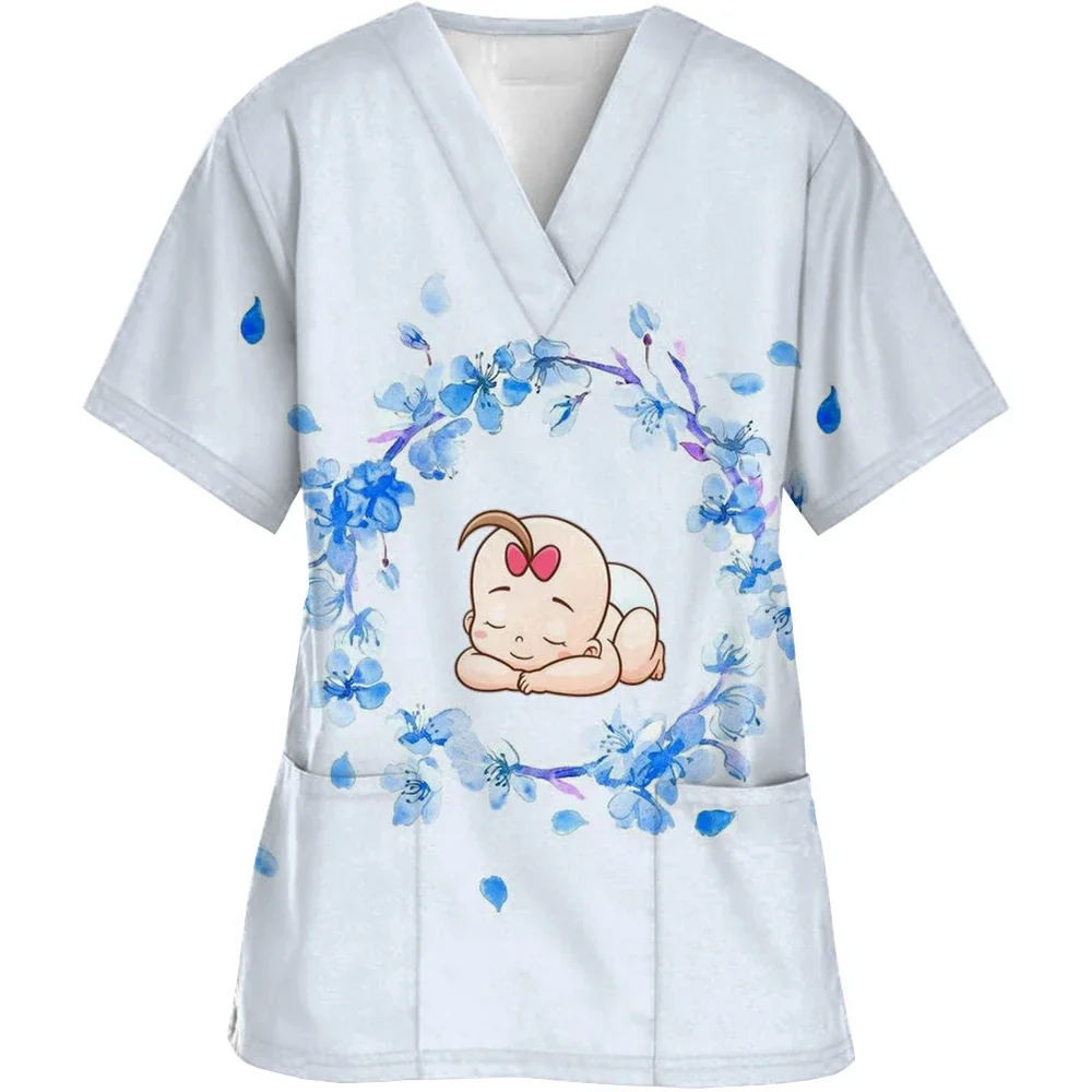 Obstetric nurses, pediatric nurses, uniform, short sleeved V-neck top, healthy waist pocket shirt for women