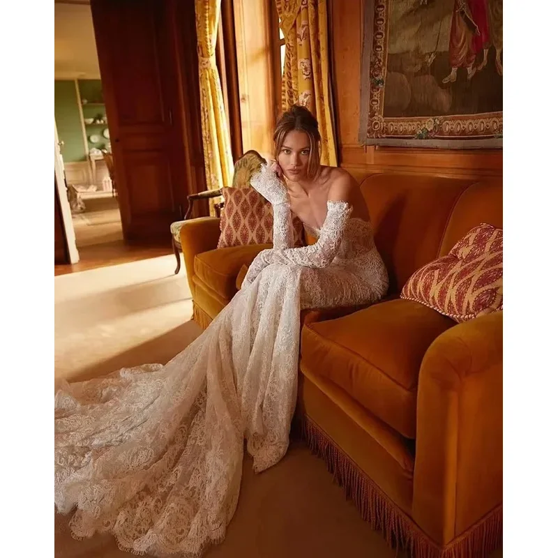 Customized Luxury Long Sleeves Wedding Dresses Off the Shoulder Lace Mermaid Sweetheart Bridal Gown vestidos de novias