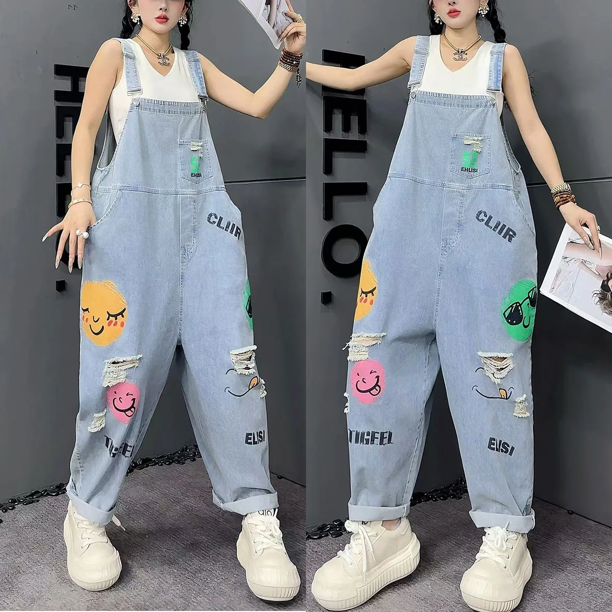 2026 Spring and Autumn New Women's Cowboy Jumpsuit with Patchwork Hole Denim Overalls
