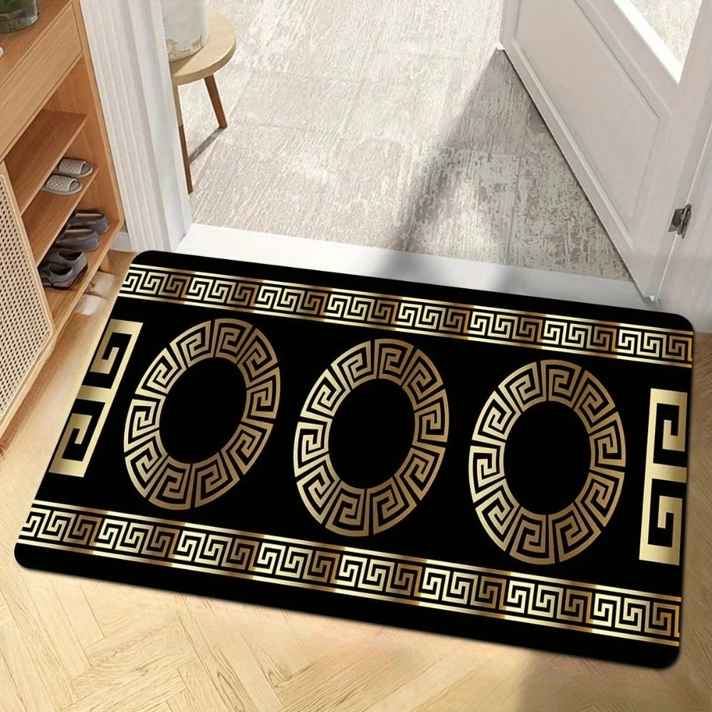 Elegant Black Gold Greek Key Meander Pattern Doormat Mat Runner Rug for Entryway Hallway Decor Classical Greek Style