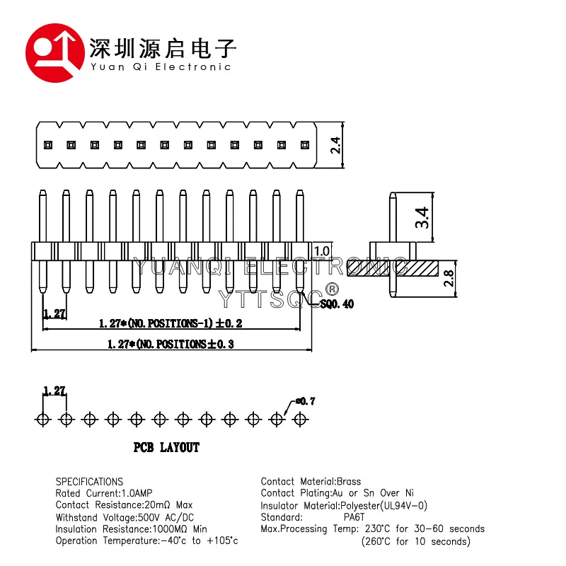 10Pcs/Lot 1.27mm Pitch 1.27 Pin Header Single Row Male Breakaway PCB Board Connector Pinheader 1*2/3/4/5/6/8/9/10/12/15-40p 50p