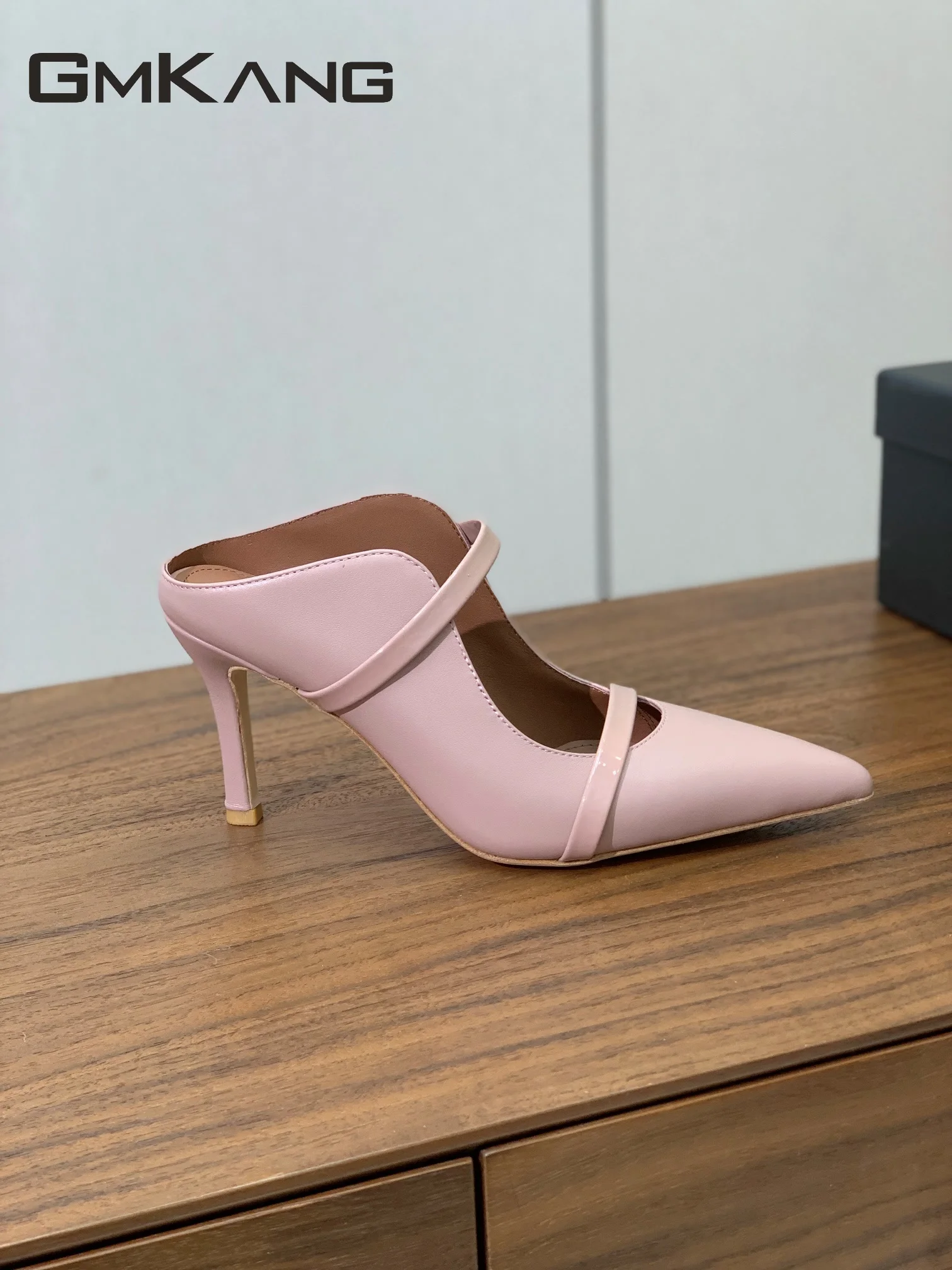 Women Leather Pointed Toe Mules Double Thin Strap Stiletto Heel Slides Elegant Office Wedding Party Slip On High Heel Sandals 2