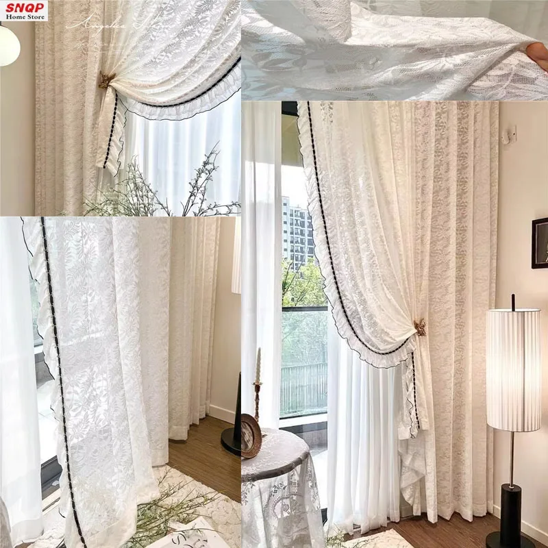 Custom Size luxury White Tulle Retro lace transparent hollow embroidered gauze  sheer  Curtains for Living dining room bedroom