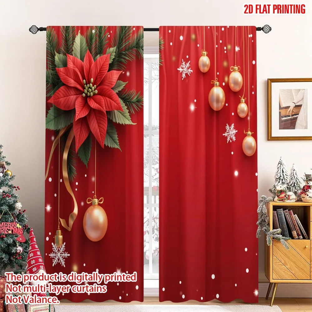 

2pcs 2D flat printing Christmas Window Curtains Red Christmas Festive Polyester Without Electricity Party Decorations for