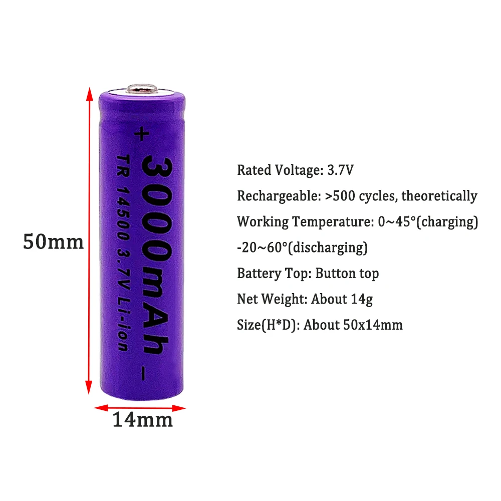 14500 3.7V large capacity 3000mAh Li-ion battery, used for electric toothbrush, razor, barber rechargeable battery