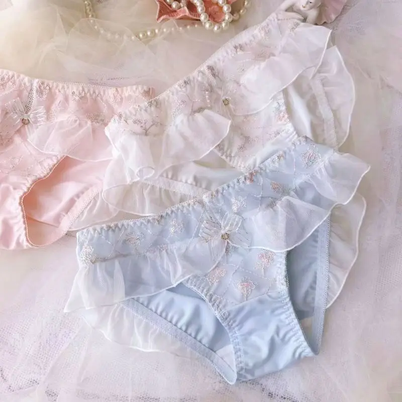 Women Milk Silk Smooth Soft Flower Embroidery Luxury Advanced Ruffles Underwear Princess Style Cute Lovely Sweety Panties Breifs