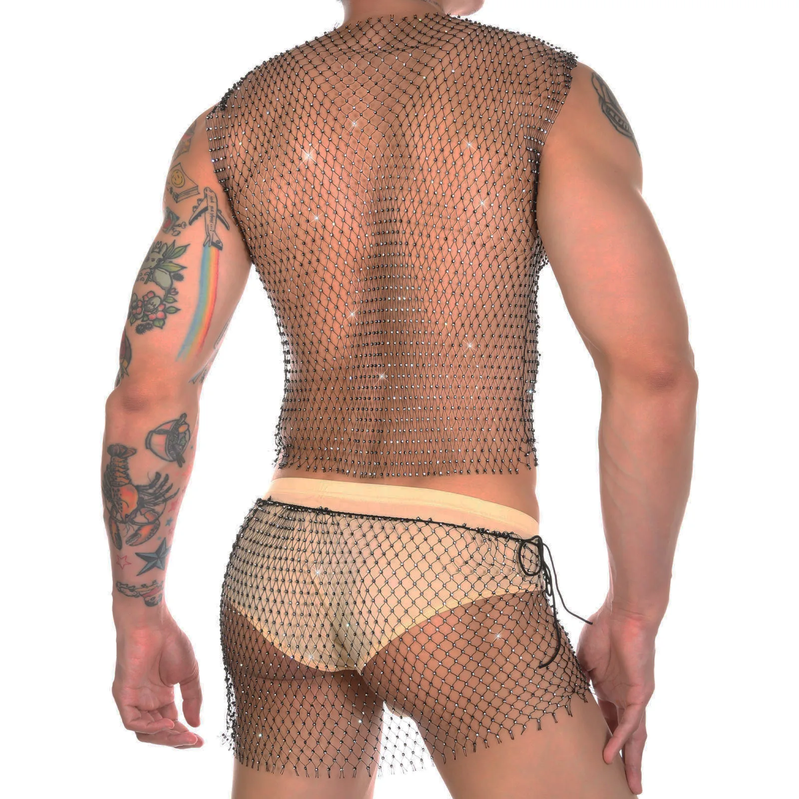 CLEVER-MENMODE Homens Sexy Sheer Mesh Tank Tops Boxers Conjunto Transparente Fishnet Strass Tank Colete Culottes Ginásio Camisetas Trajes