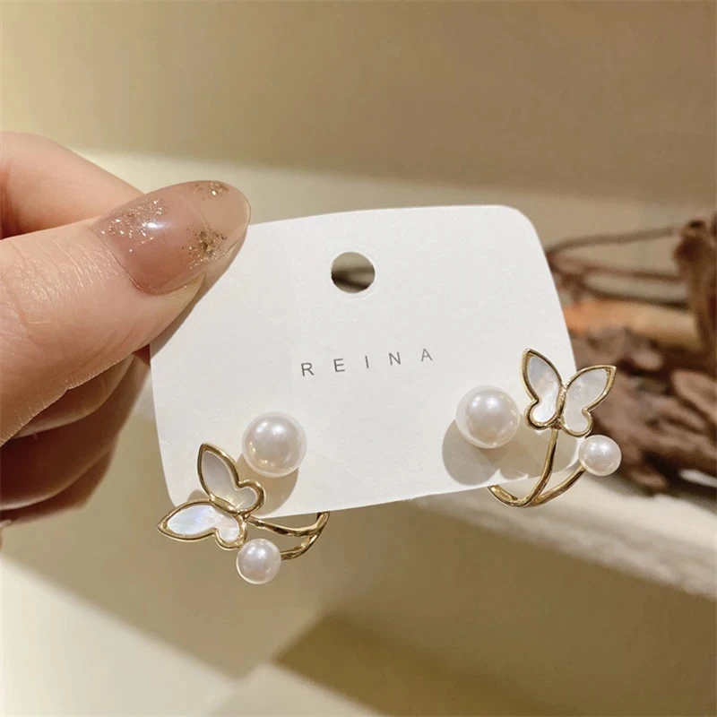 New Korean Light Luxury Imitation Pearl Shell Butterfly Stud Earrings Ladies Fashion Elegant Jewelry Everyday Party Gift