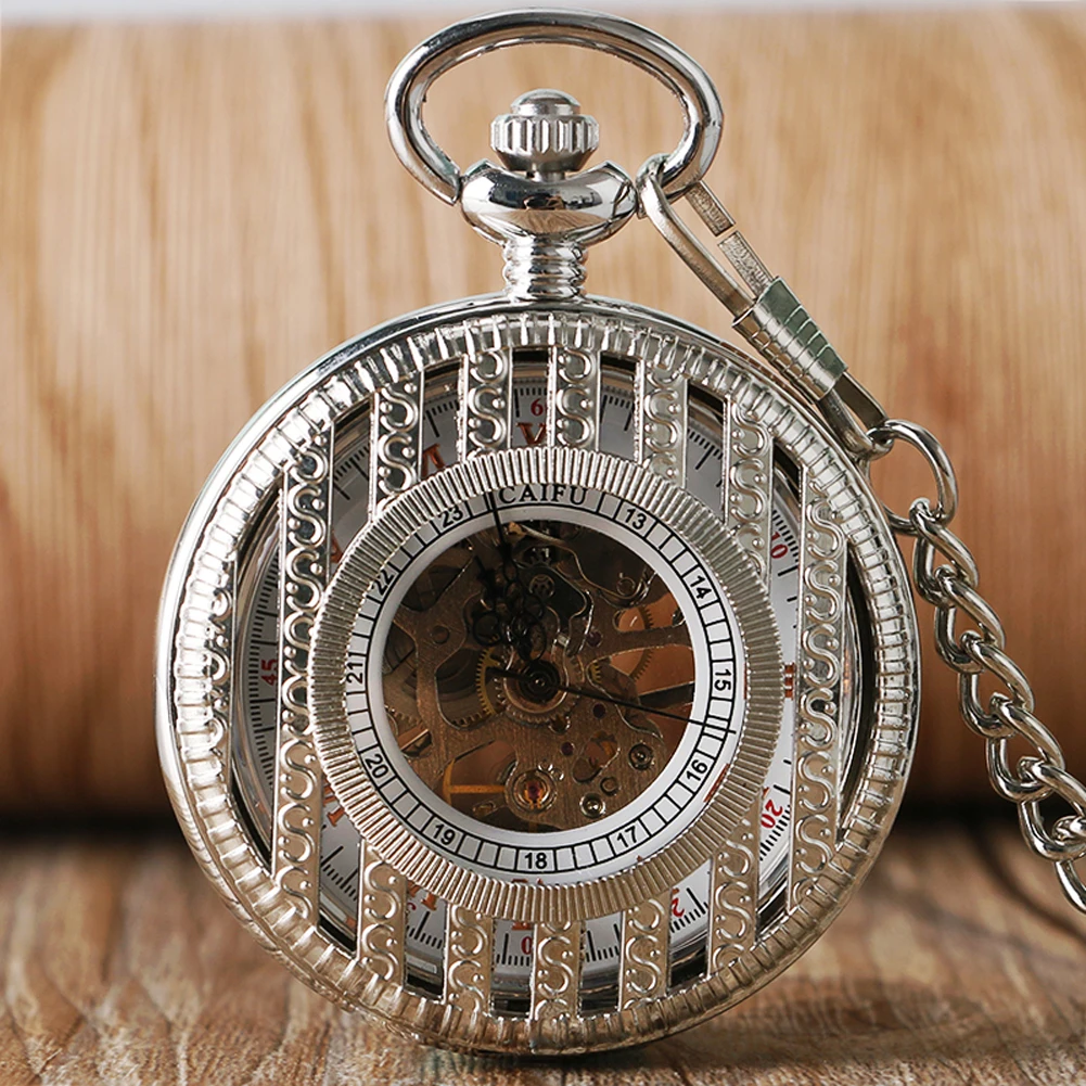 

Antique Hollow Silver Men's Pocket Watch Mechanical Hand Winding Pendant Clock Roman Numeral Dial Fob Chain Retro Timepiece Gift
