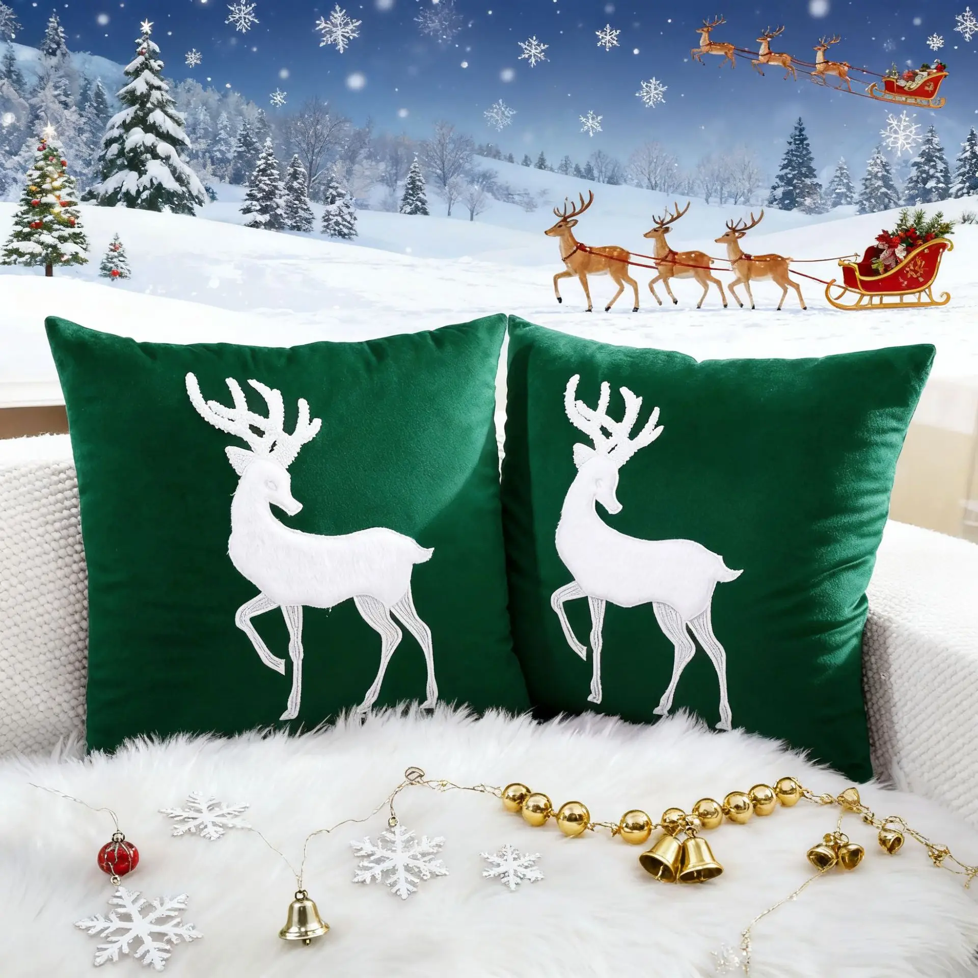 1/2pcs 45x45cm Christmas Reindeer Pillow Cover Christmas Green Velvet Embroidered Tufting Pillowcase Winter Holiday Gift