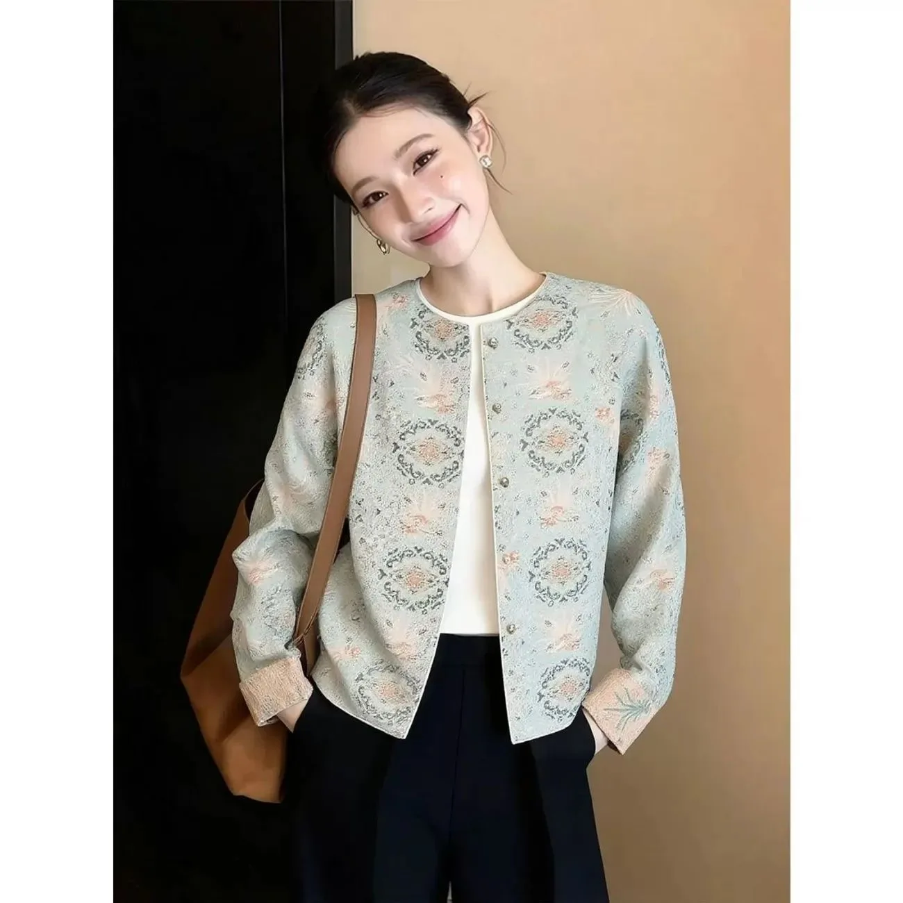 New Chinese Style Floral Print Jacket Women's round Neck Double-Sided Wear Vintage Open Cardigan Top Spring Summer Fashion