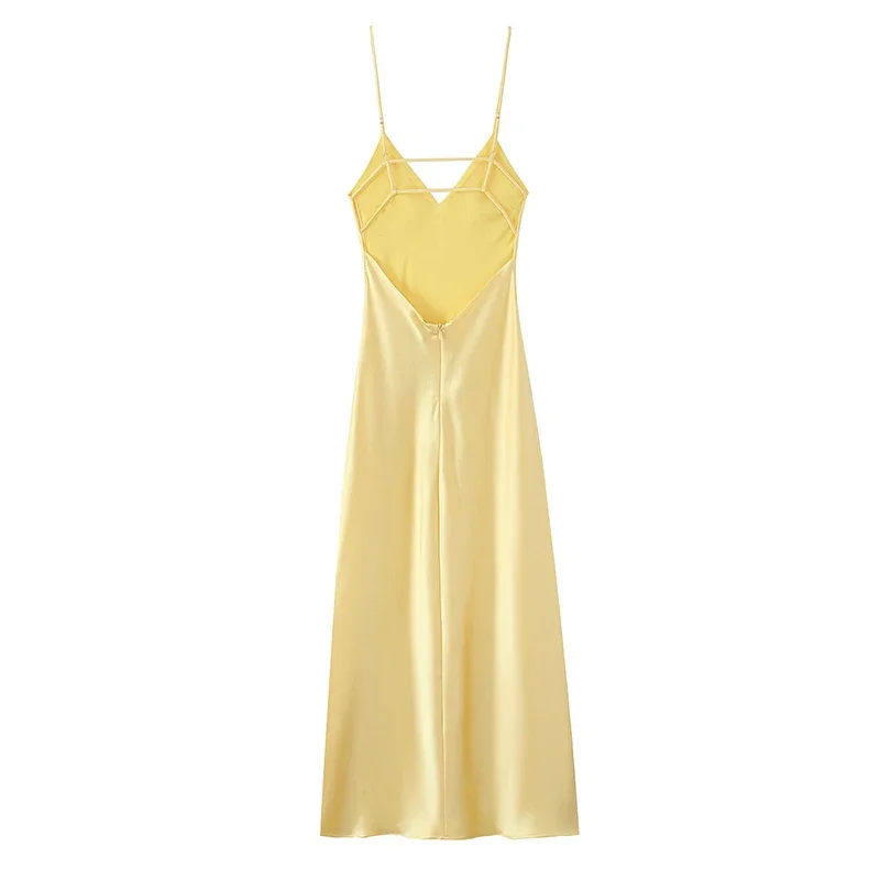Women Solid Satin Sling Long Dress Casual Backless Sleeveless V-neck Pleated Gowns 2026 Summer Vacation Evening Party Robes
