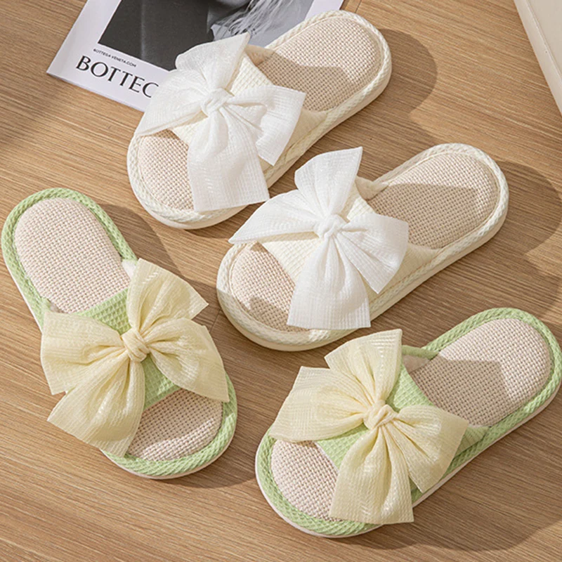 Fashion Big Bowknot Indoor Home Slippers for Women Autumn Winter 2024 Comfortable Soft Sole Non Slip Linen Floor Slippers Woman