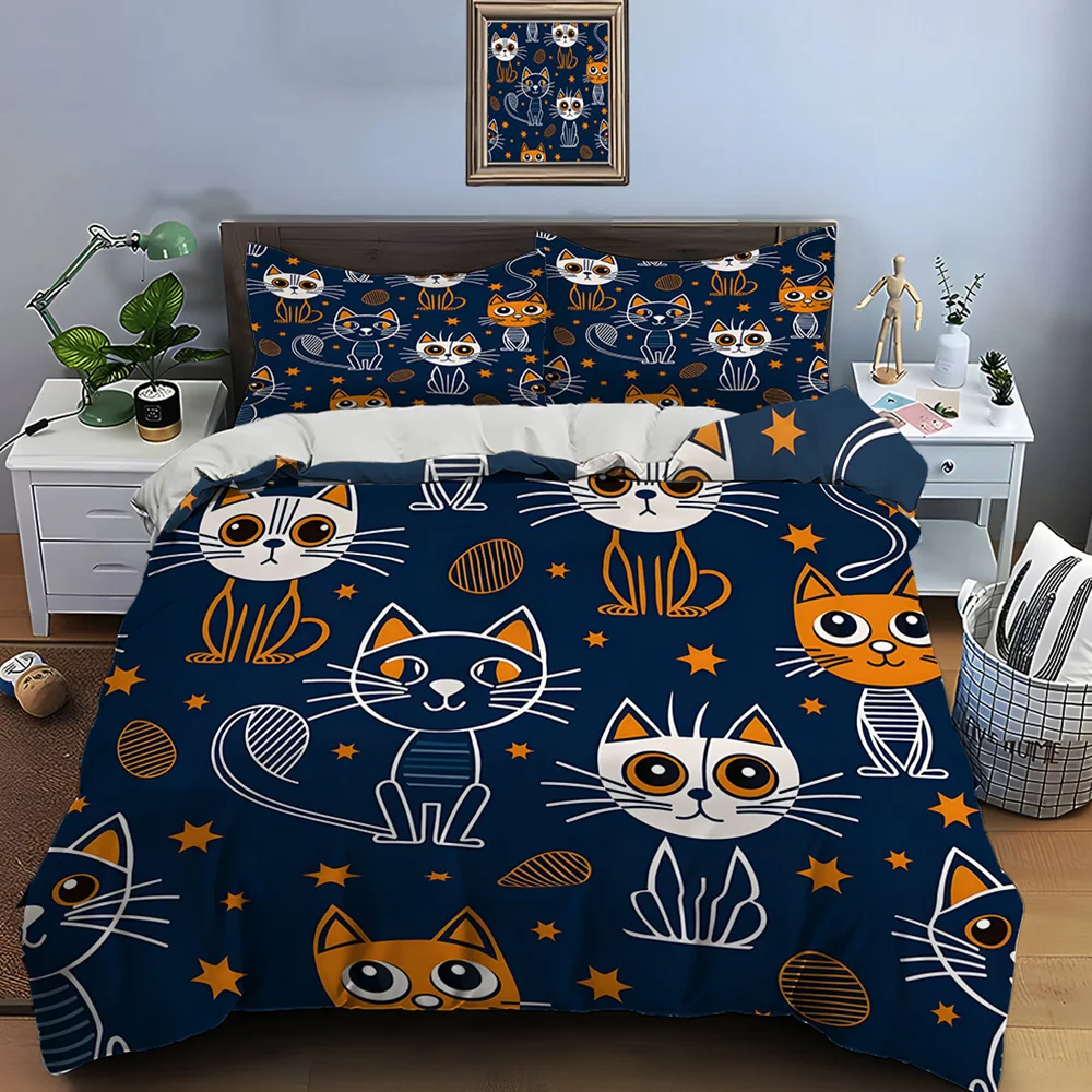 Cartoon cats with orange stars Bedding Set for Kids Luxury Gift 3pcs Digital Print Comforter Set Soft Comfortable Breathable