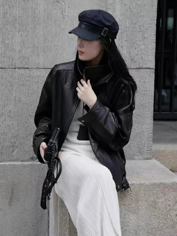 Spring Autumn Oversized Pu Leather Jacket Women Long Sleeve Zip Up Luxury Designer Retro Clothing Chic Street Locomotive Outwear