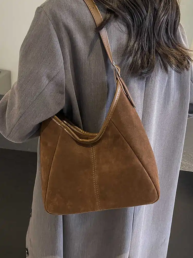 Vintage Frosted Suede Large Capacity Tote Bag 2024 New Women's Zipper Closure Texture Armpit Bags Commuting Versatile Handbag image 6
