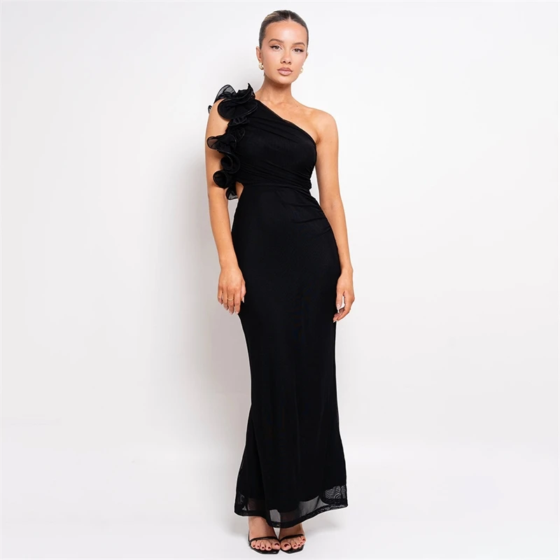 

Shoulder Floral Mesh Ruched Sexy Maxi Dress For Women Gown Oblique Shoulder Sleeveless Backless Bodycon Long Dress