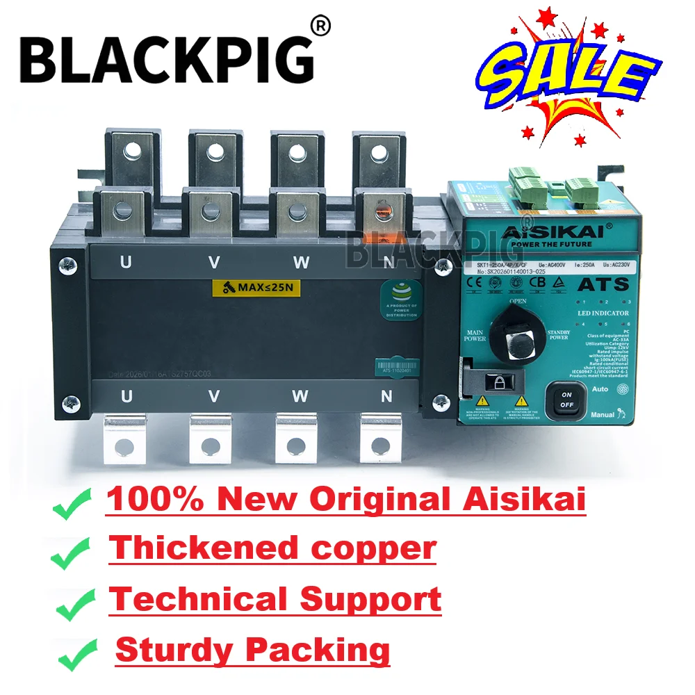 PC Class Aisikai ATS 800A 1000A 1250A 4P Generator Dual Power Automatic Transfer Switch Changeover Control Switch AC220V CE CCC