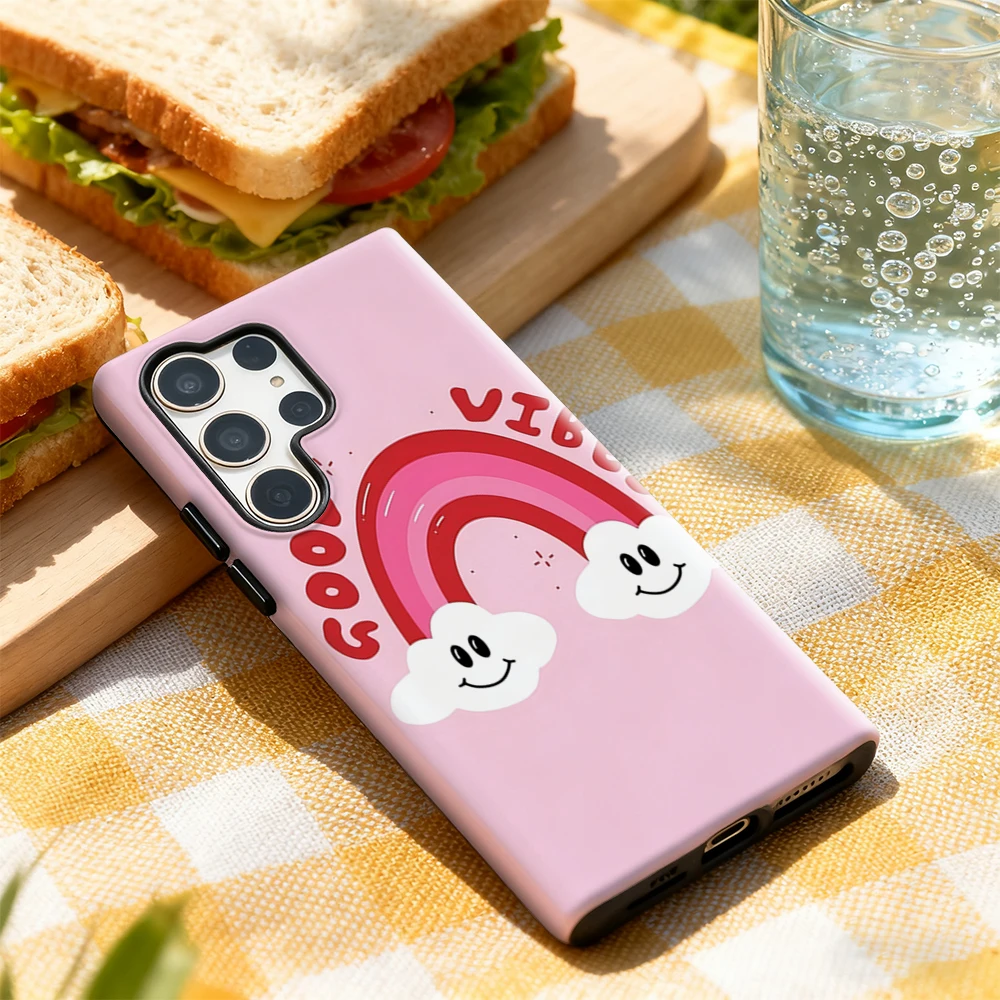 حافظة هاتف Good Vibes Rainbow لهاتف سامسونج جالاكسي S25 Ultra S24 S23 Ultra Plus غطاء خلفي لامع بطبقة مزدوجة