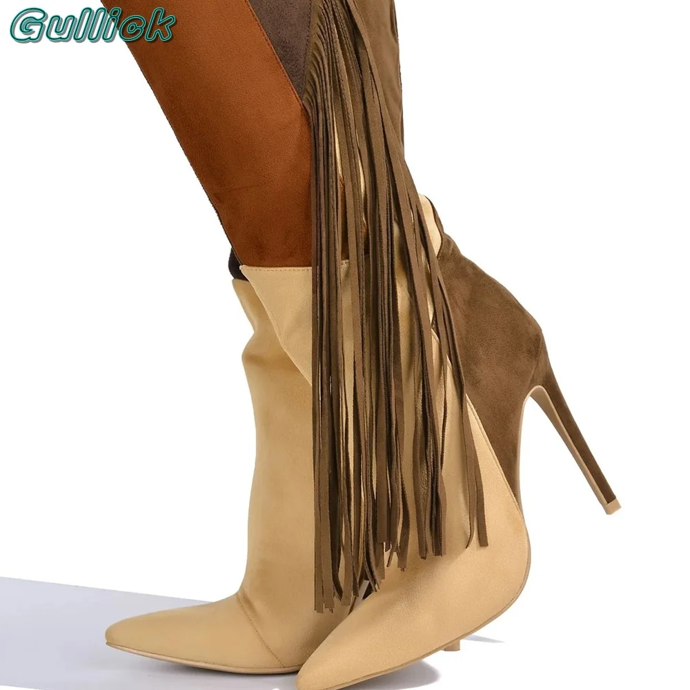 Gullick Mixed Fringe Knee-High Boots Pointed Toe Suede Stiletto High Heels Long Tassle 2024 Spring Autumn Shoes New Arrivals