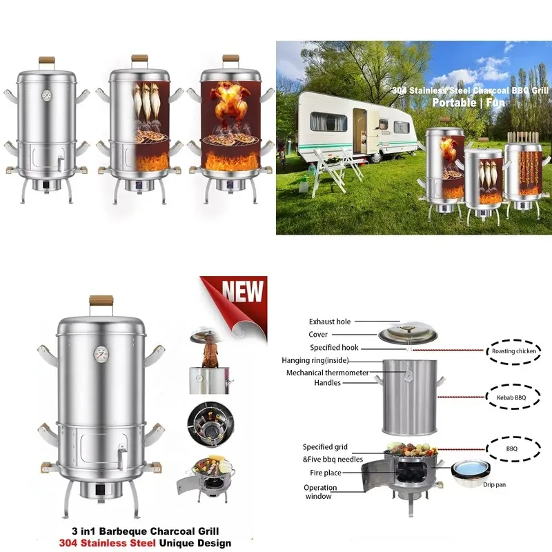 3 in 1 Vertical Portable Charcoal Barbecue Grill 304 Stainless Steel Outdoor Camping Multifunctional Removable Wood Chicken