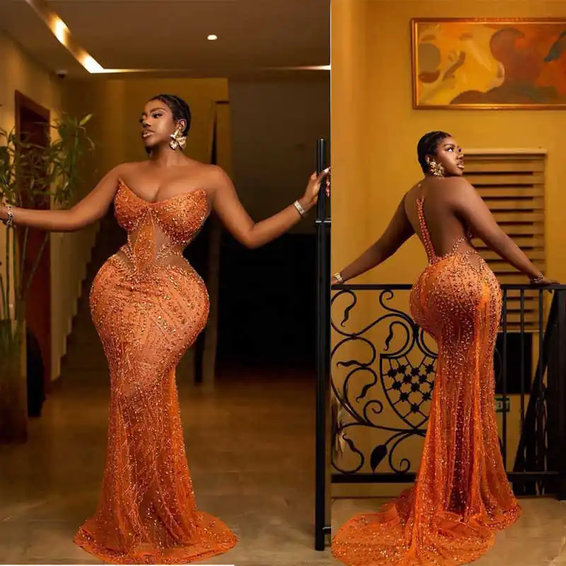 

Sparkly Crystals Evening Dresses For Women O Neck Sleeveless Mermaid Prom Gowns Beadeds Vestidos De Noche Customized