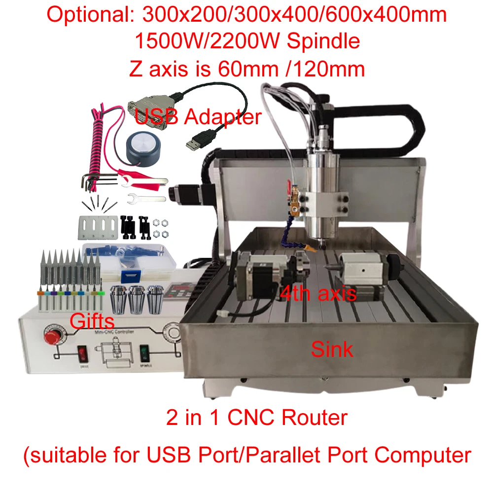 CNC Router 3020 3040 6040 4Axis Lpt USB Port 2200W 1500W Metal Engraver Milling Cutting Drilling Machine with Water Tank