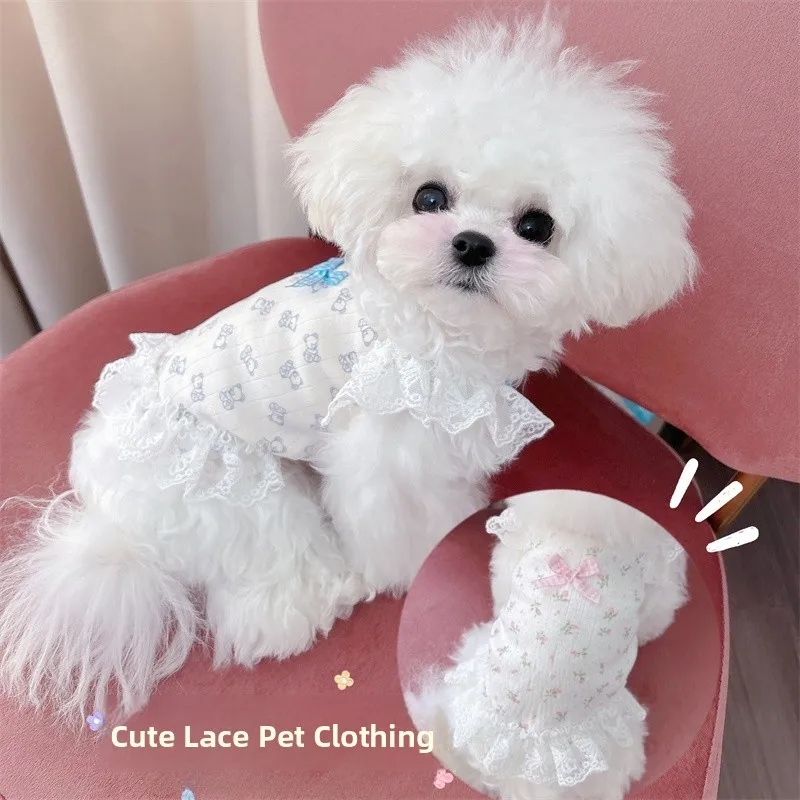 

Princ Sle Cotton Lace Teddy Bichon Spring Summer Pet Dog Clothes Floral Print Base Skirt Home Wear for s And Dogs