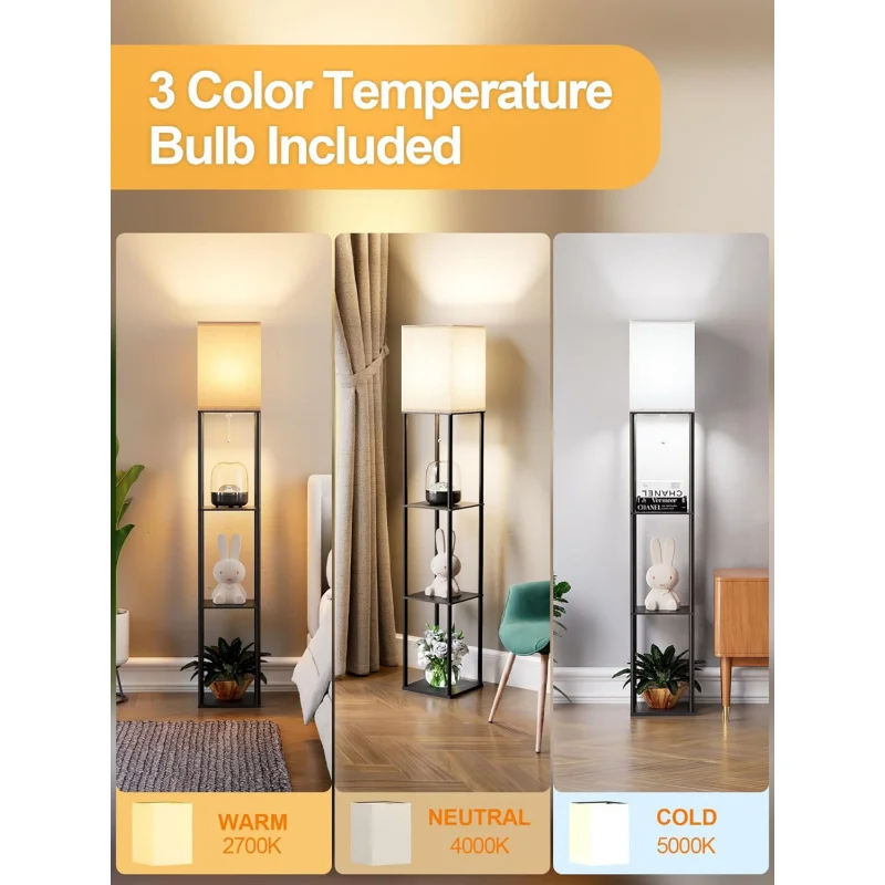 Floor Lamp with Shelves for Living Room White, Shelf with 3 CCT LED Bulb, Corner Display Standing Column