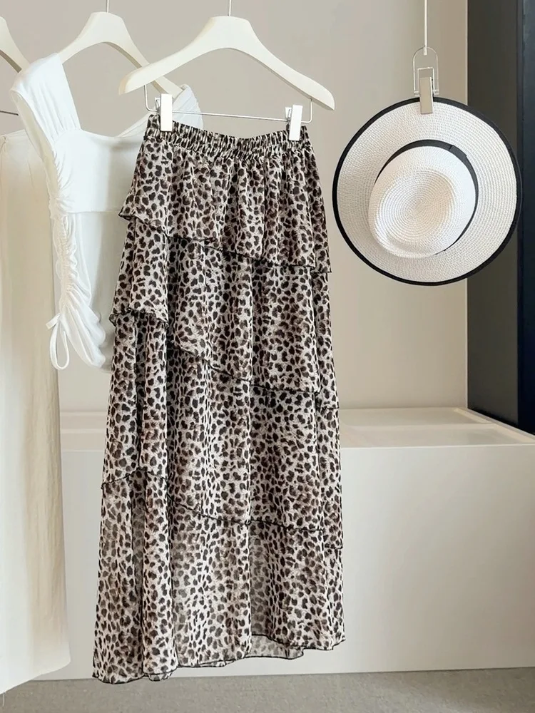

2026 New Women Retro Leopard Print Ruffle Skirt Female Summer Irregular Layered High-waisted Slimming Mid-length Cake Skirt