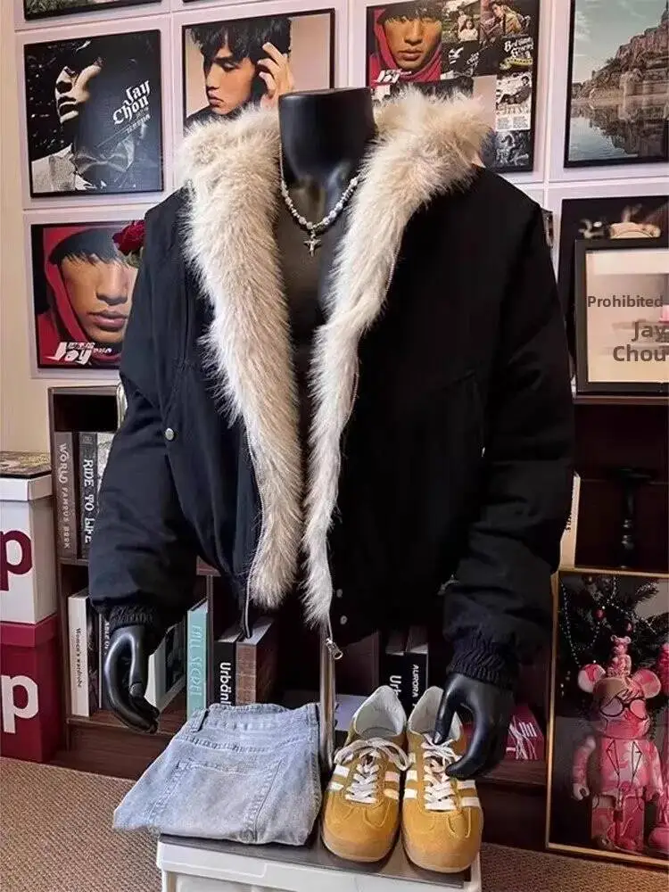 Retro American Style Men's Cotton Jacket With Hood And Fur Collar Short Warm Winter Coat Mountain Eagle White Gray