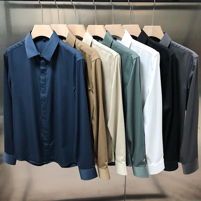 

Модная мужская рубашка в британском стиле, приталенного кроя, с длинным рукавом, не требующая глажки, однотонная, повседневная, деловая, для молодежи, на все сезоны