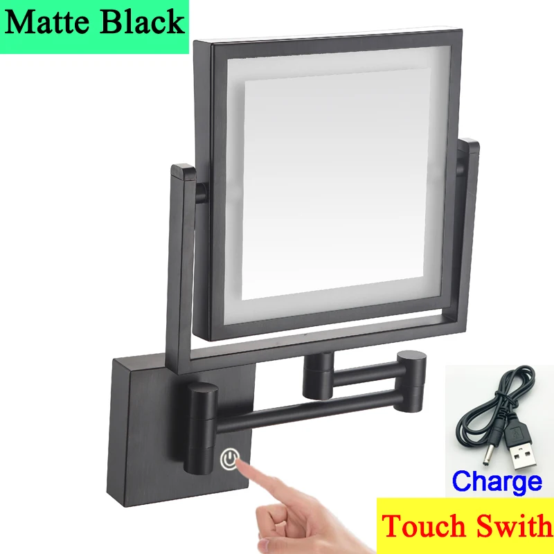 Square Touch Led opvouwbare badkamerspiegel 3x vergrotende badkamer make-upspiegels Accessoires Wandmontage Touch on badspiegels