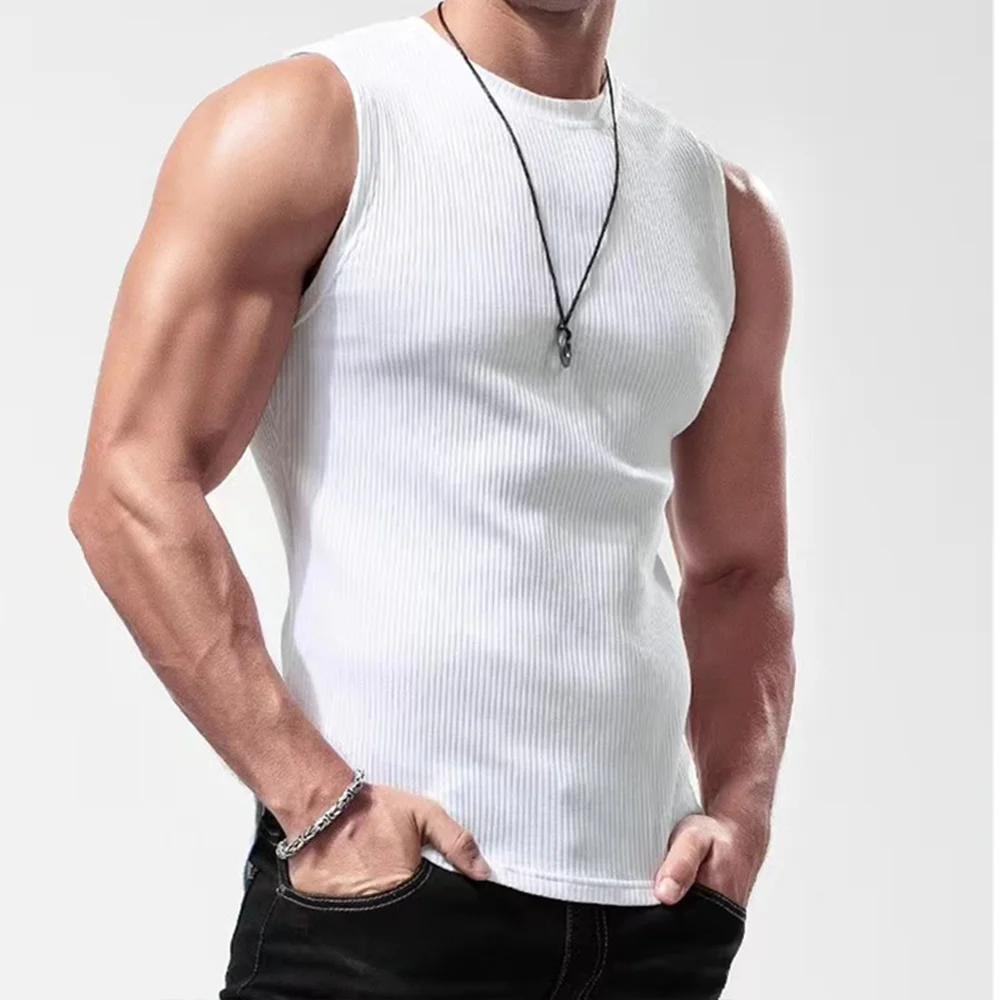 Men\'s Fashion Casual Sexy sleeveless vest T-shirt Men\'s solid color striped high quality short sleeve street hip hop Bro top