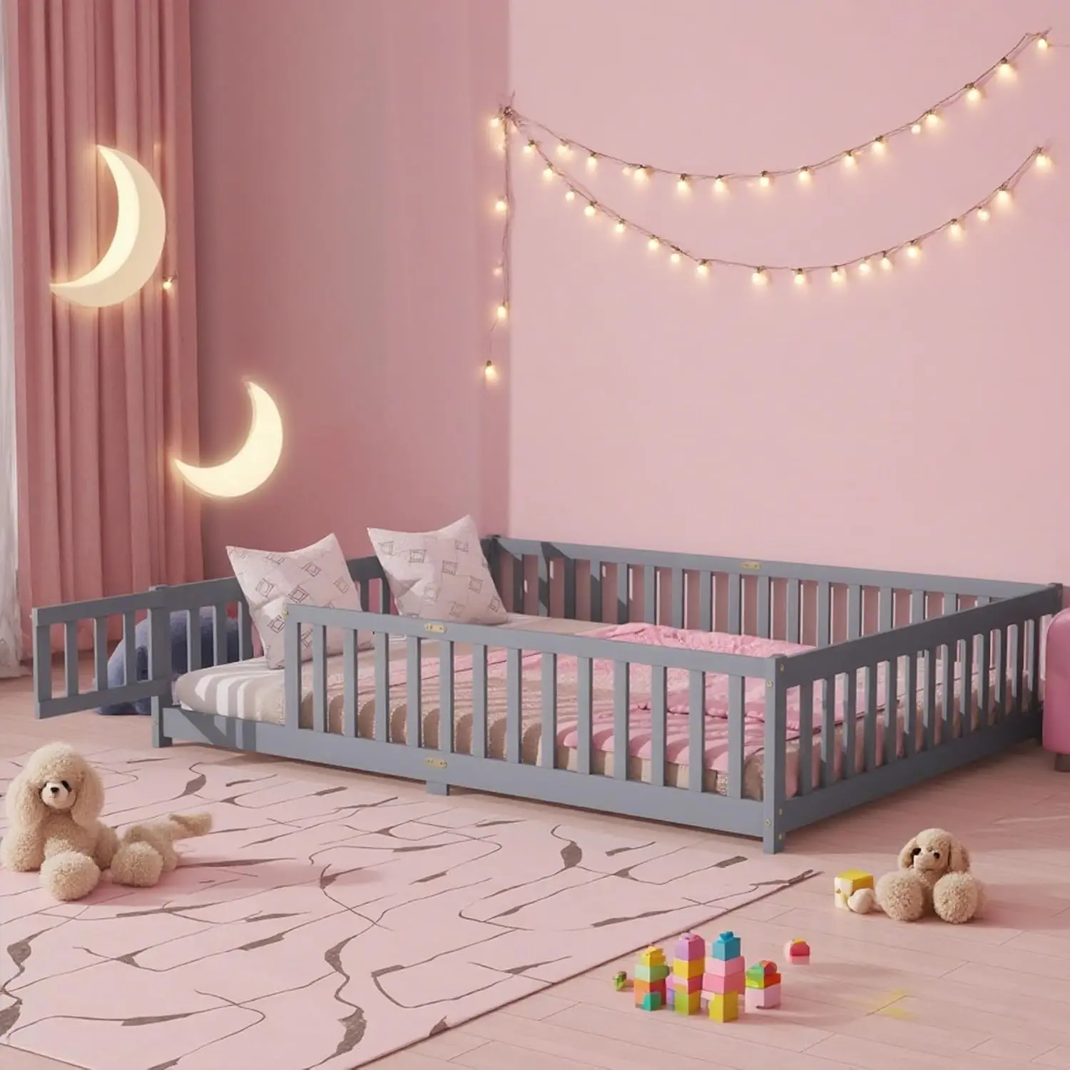 

Рама кровати-кроватки на пол размера «Queen» с ламелями и защитным бортиком, деревянная кровать-кроватка на пол размера «Queen» в стиле Монтессори с дверцей и ограждением, простая сборка