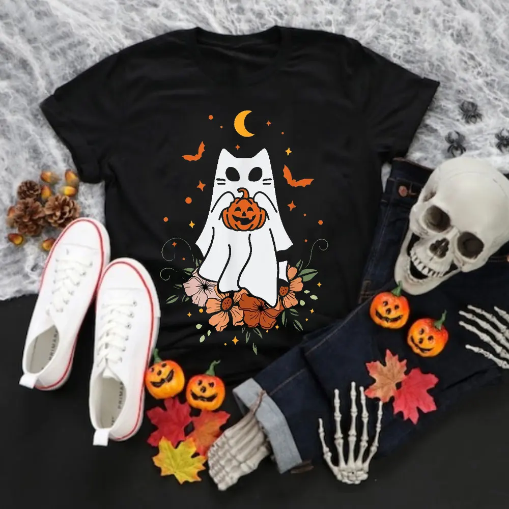 

Винтажная футболка с изображением призрака и кота на Хэллоуин, новинка, трендовая одежда, унисекс, женская и мужская футболка, хлопковые топы высокого качества