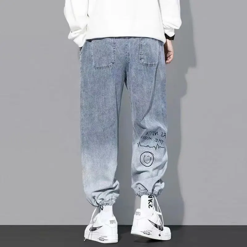 New Fashion Men's Loose Fit Denim Jeans with Cartoon Graffiti Print, Elastic Drawstring Waist and Ankle-tied Cuffs