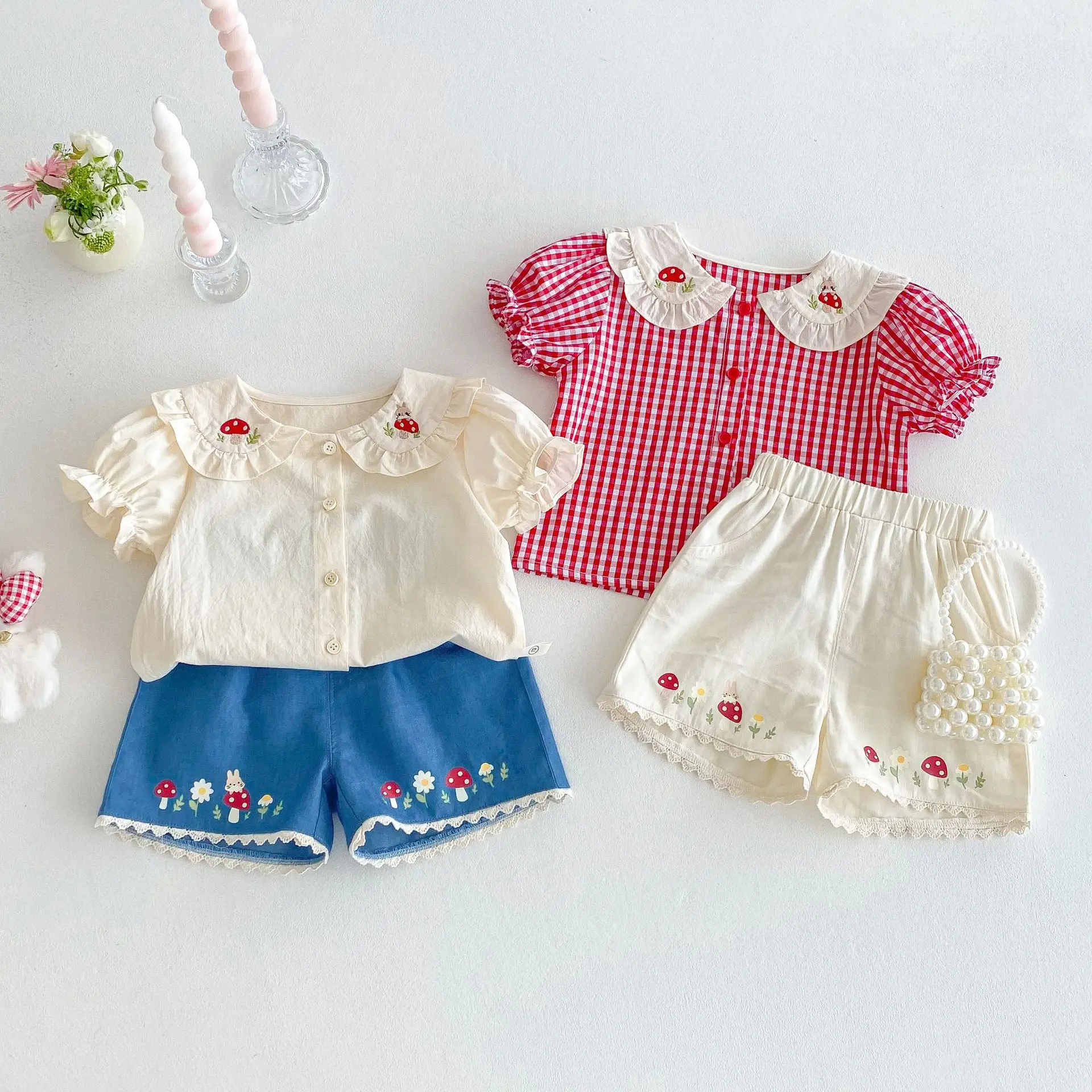 Sweet Girl's Shirt 2025 New Summer Baby Embroidered Cartoon Mushroom Plaid Shirt Children's Korean Shorts